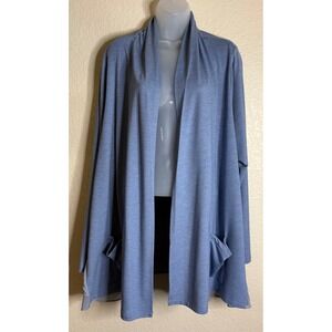 LOGO Lori Goldstein Womens 2X Cardigan Blue‎ Open Front Swiss Dot Ruffle Hem